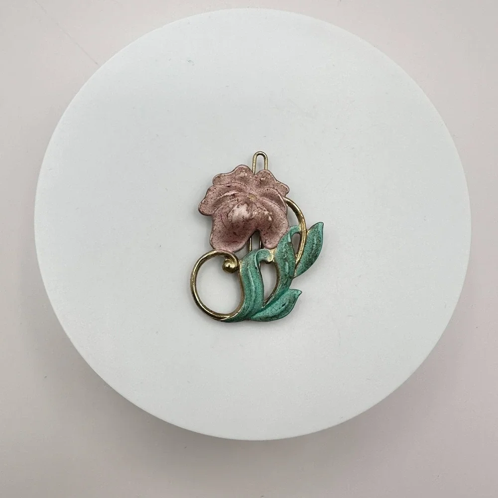 Vintage 90s Gold Tone Flower Brooch Pin Pink Green Enamel Boho Jewelry